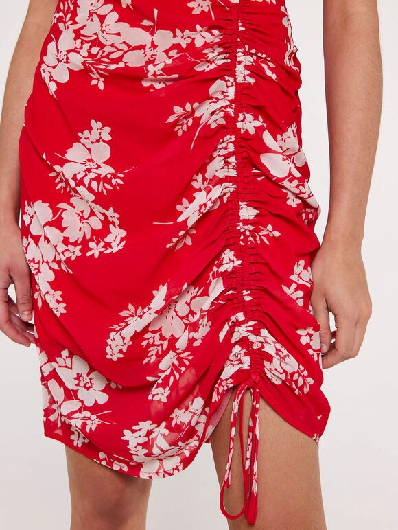 Floral Ruched Front Dress, Red, large