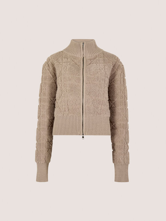 Boucle Knit Cropped Zip Cardigan, Brown, large
