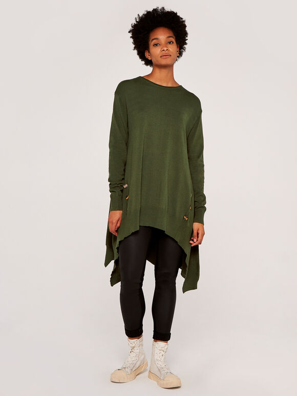 Longline Side Button Jumper, Khaki, large