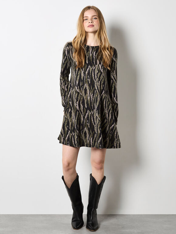 Zebra Knit Swing Mini Dress, Khaki, large