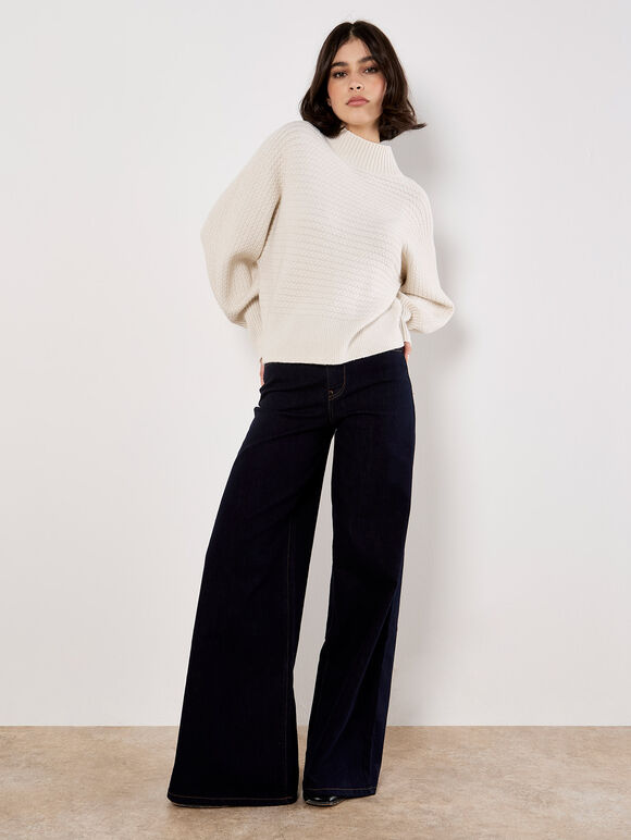 Twisted Cable Knit Batwing Jumper, Stone, large