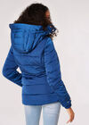 Faux Fur Hood Puffer Jacket, Blue, large