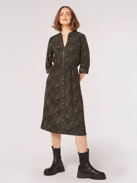 Texture Print Zip Midi Dress, Green, large