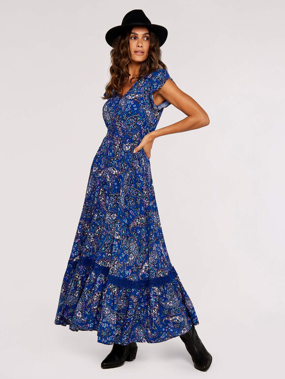 Painterly Paisley Maxi Dress, Blue, large