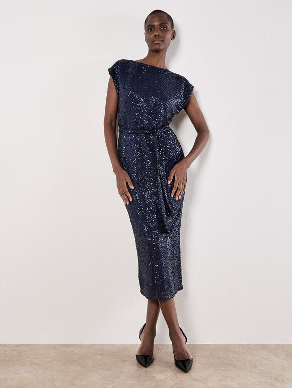 Chevron Sequin Midi Dress, Navy, large