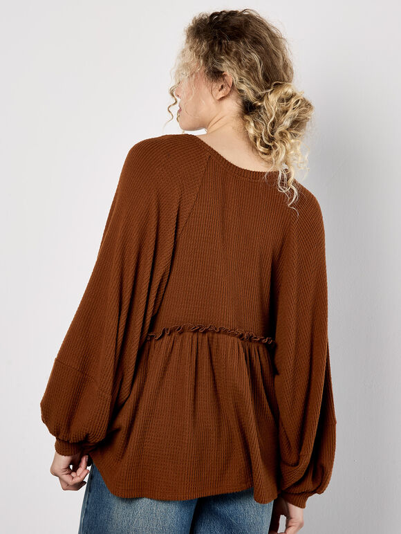 Waffle Knit Babydoll Oversized Top, Rust, large