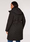 Curve Belted Quilted Parker Coat, Black, large
