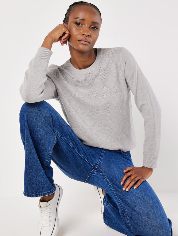 Diamond Pointelle Jumper, Grey, large