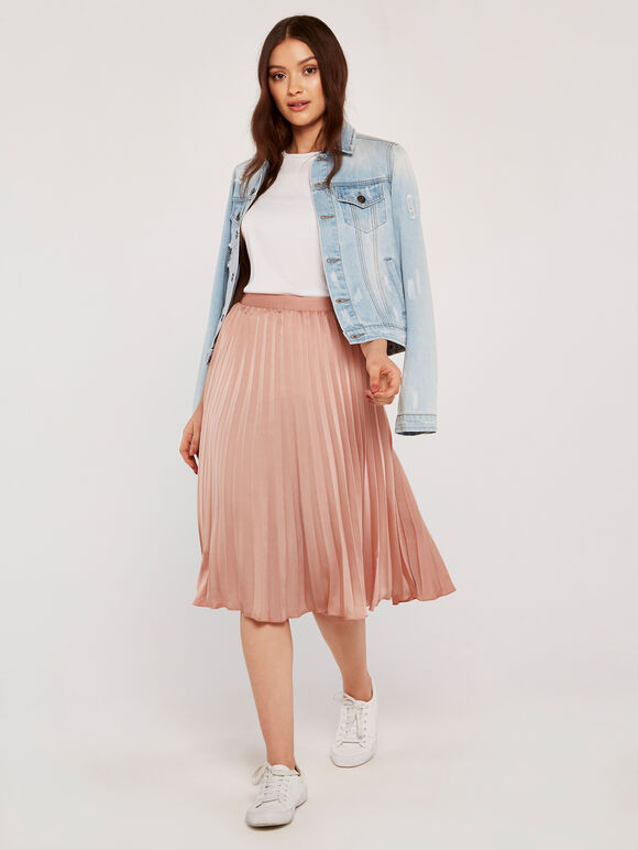 Pleated Satin Crepe Skirt, Pink, large