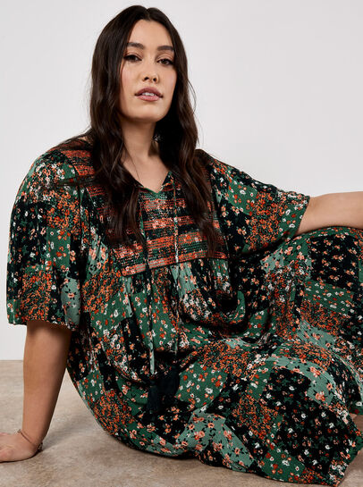 Patchwork Print Crinkle Mini Dress