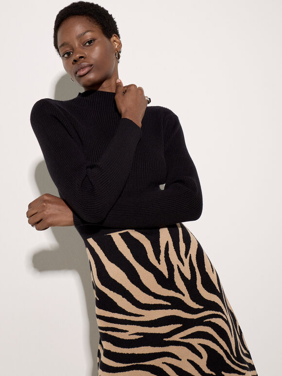 Ribbed Knit Zebra Midi Dress, Black, large