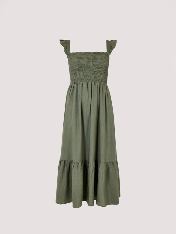 Linen Midi Dress, Khaki, large
