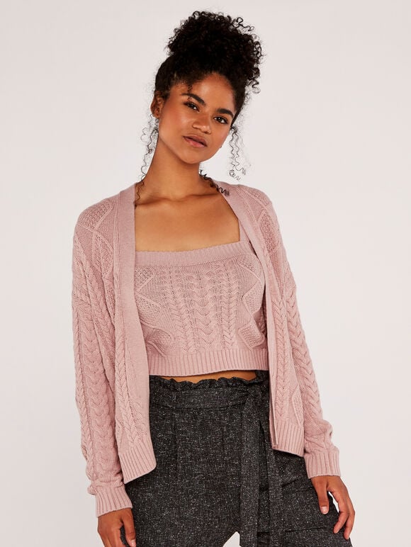 Cable Knit Cardigan, Pink, large