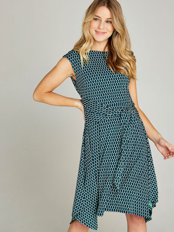 Egg Print Tie Front Cap Sleeve Dress, Green, large