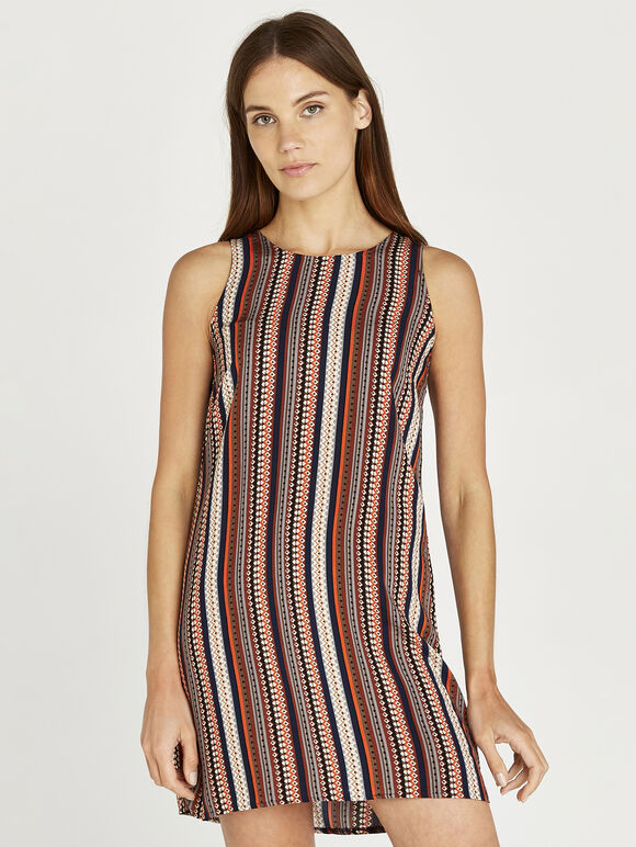 Tribal Print Shift Dress, Navy, large