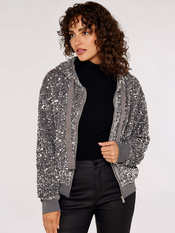 Sequin-Embellished Bomber Jacket, Light Grey / Silver, large