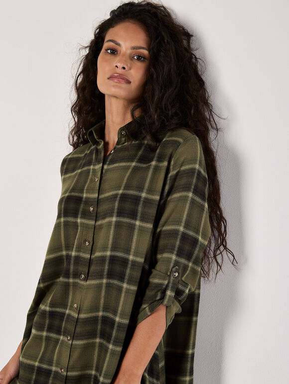 Check Shirt Swing Mini Dress, Khaki, large
