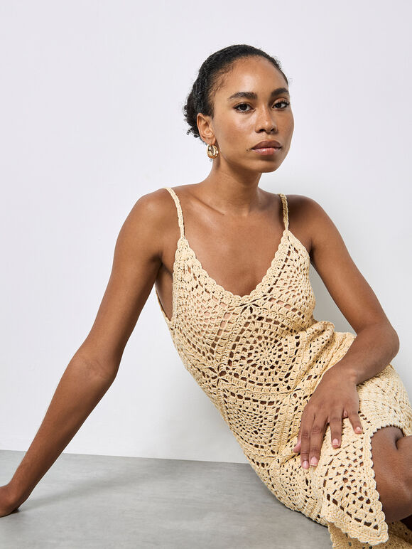 Hand-Knit Crochet Midi Dress, Stone, large