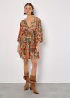 Satin Scarf Print Kaftan Mini Dress, Khaki, large