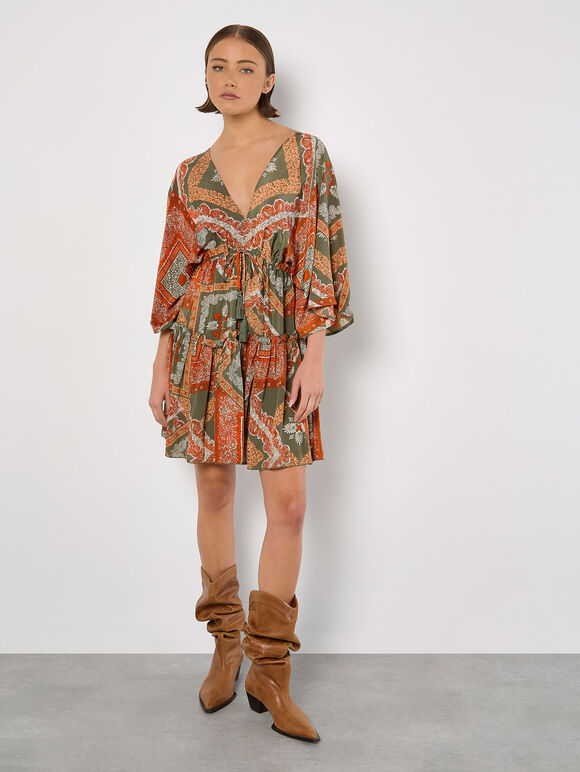 Satin Scarf Print Kaftan Mini Dress, Khaki, large
