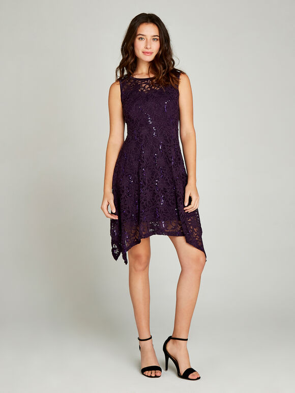 Sequin Lace Hanky Hem Skater Dress, Purple, large