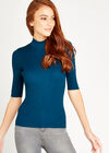 High Neck Ribbed Top, Teal, large