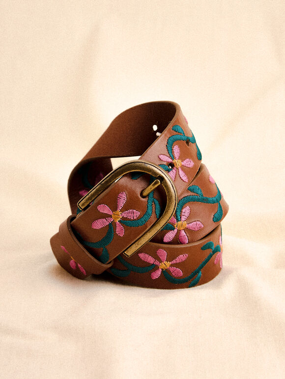 Floral Embroidered Leather Belt, Brown, large