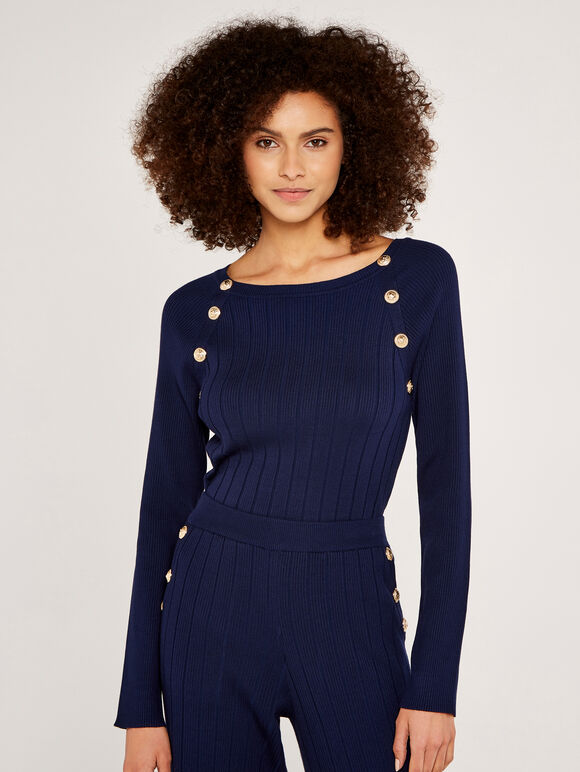Ribbed Jumper with Gold Buttons, Navy, large