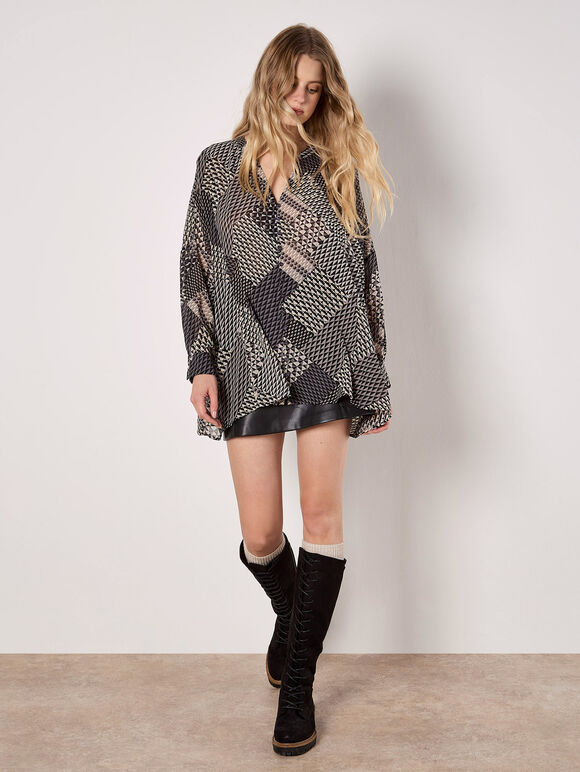 Geo Patchwork Chiffon Shirt, Grey, large