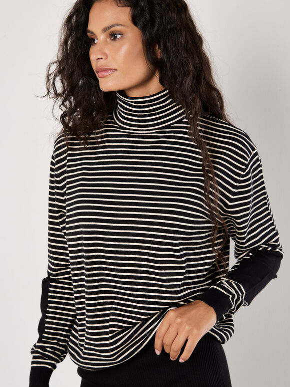Stripe And Patch Cowl Neck Jumper, Black, large