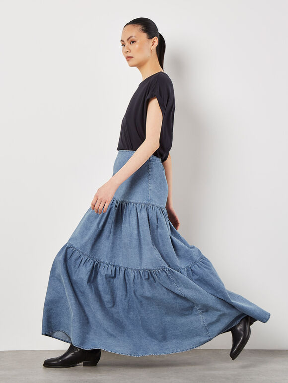 Cotton Denim Tiered Maxi Skirt, Blue, large