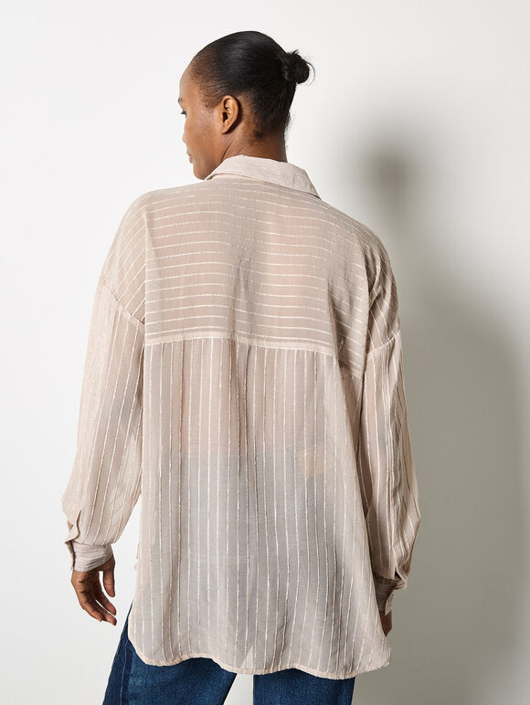 Chenille Stripe Semi-Sheer Shirt, Stone, large