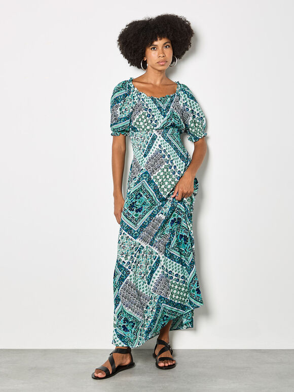 Boho Folk Print Maxi Dress, Blue, large