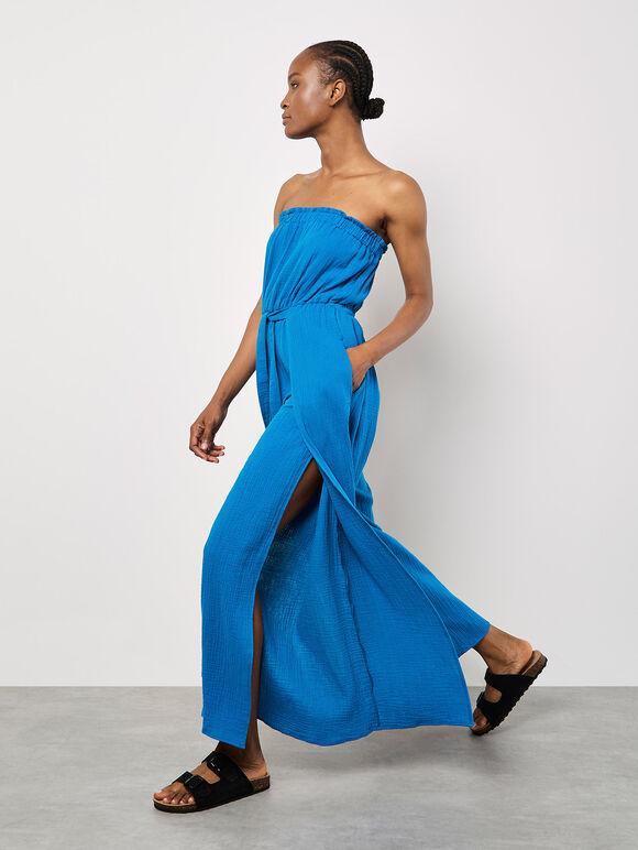Cotton Wrap Bandeau Jumpsuit, Blue, large