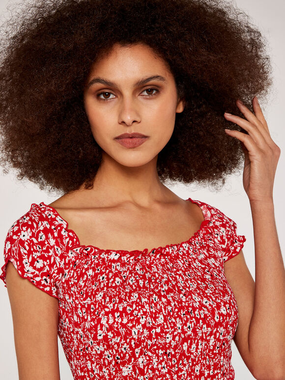Floral Shirred Maxi Dress, Red, large