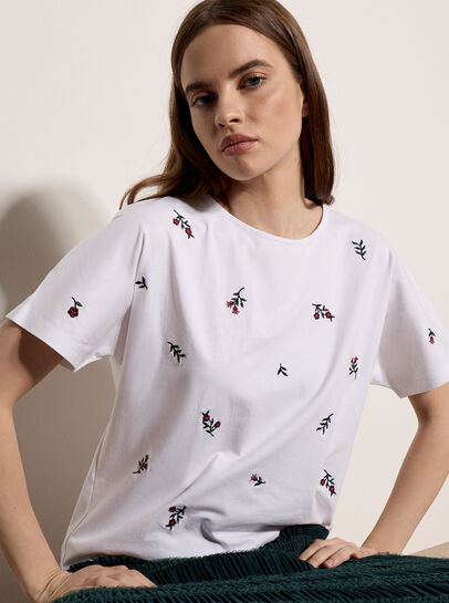 Floral Embroidered Cotton Blend T-Shirt
