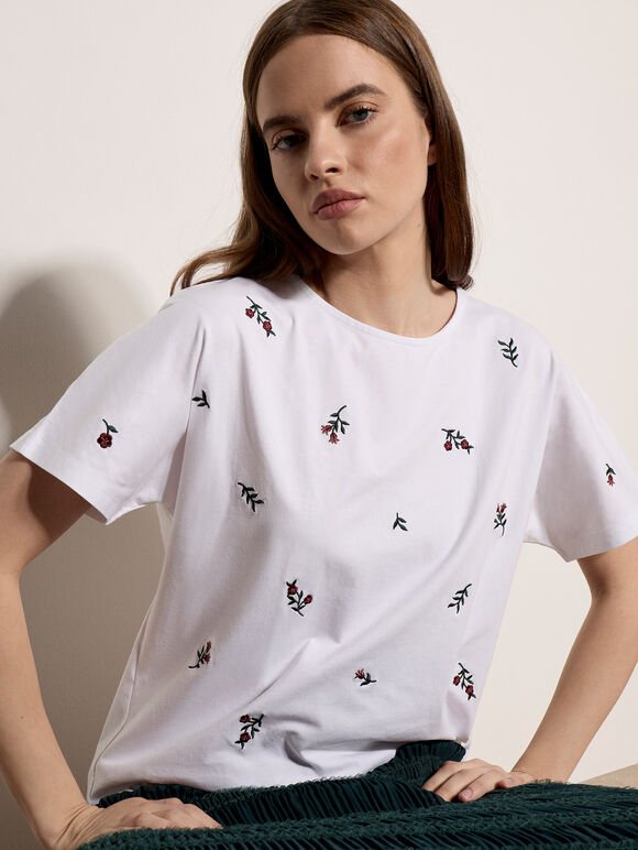 Floral Embroidered Cotton T-Shirt, White, large