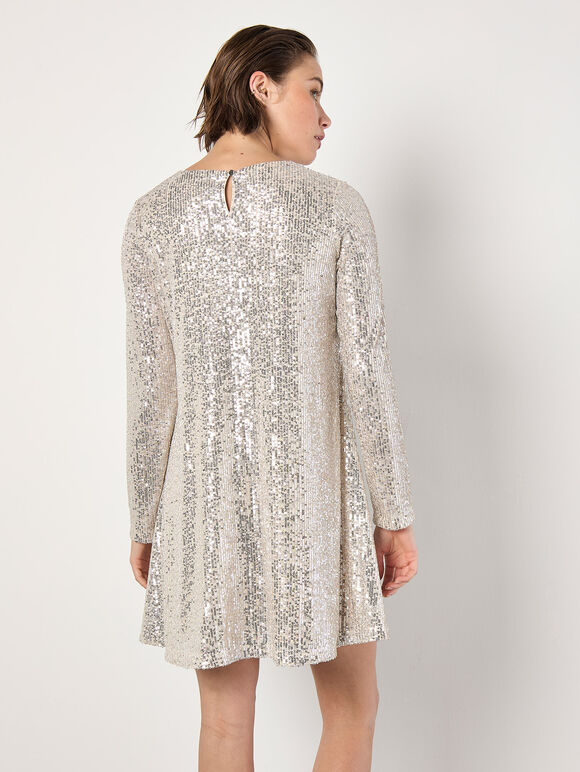 Sequin Embellished Shift Mini Dress, Stone, large
