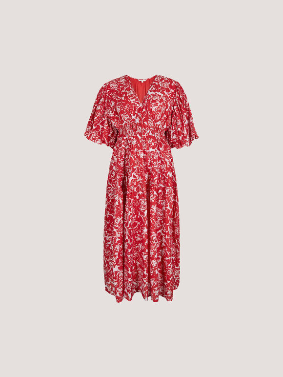 Rose Print Tiered Midi Dress, Red, large