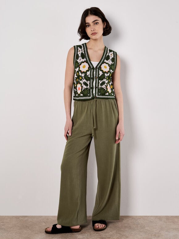 Linen Blend Wide Leg Trousers, Khaki, large