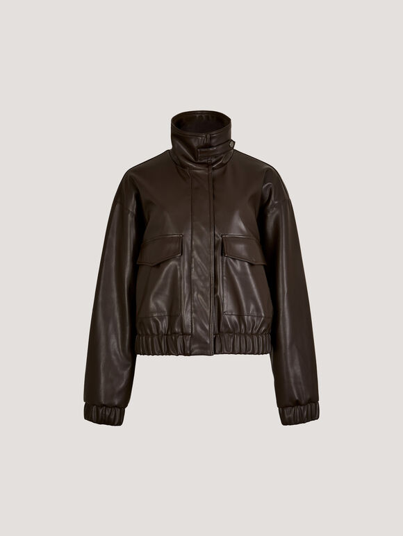Faux Leather Bomber Jacket, Brown, large