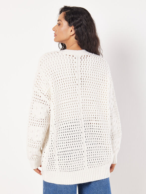 Chunky Patchwork Oversized Cardigan, Stone, large