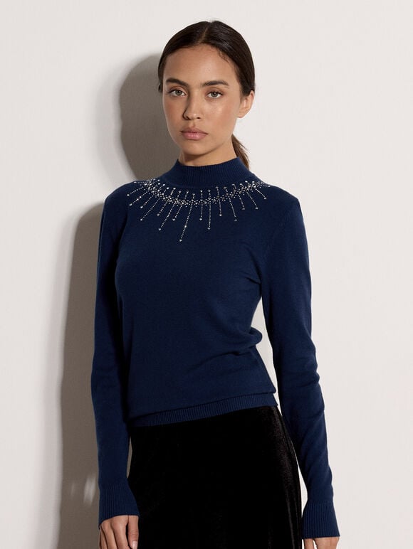 Rhinestone Gem Embellished Jumper, Navy, large