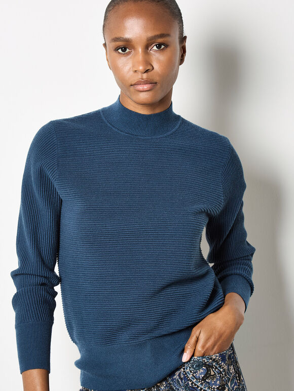 Mock Neck Ribbed Knit Jumper, Teal, large