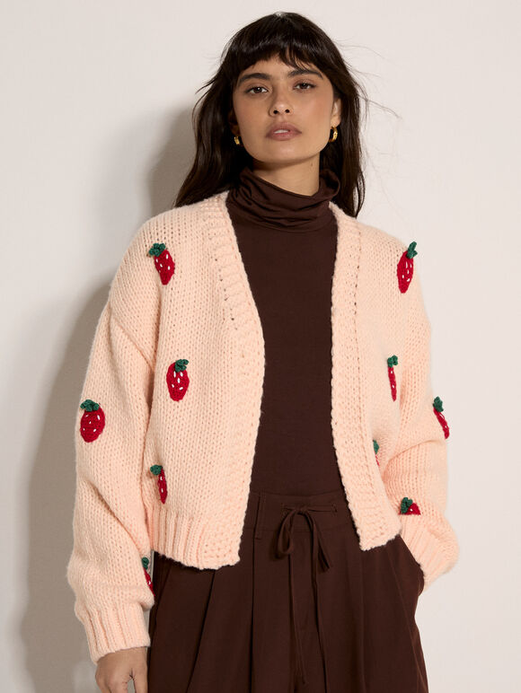 Chunky Knit Strawberry Cardigan, Peach, large