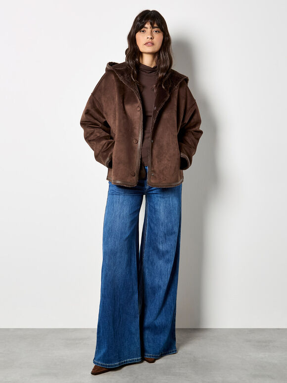 Reversible Faux Fur Suede Jacket, Brown, large