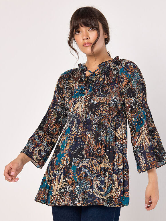 Paisley Plisse Top, Teal, large