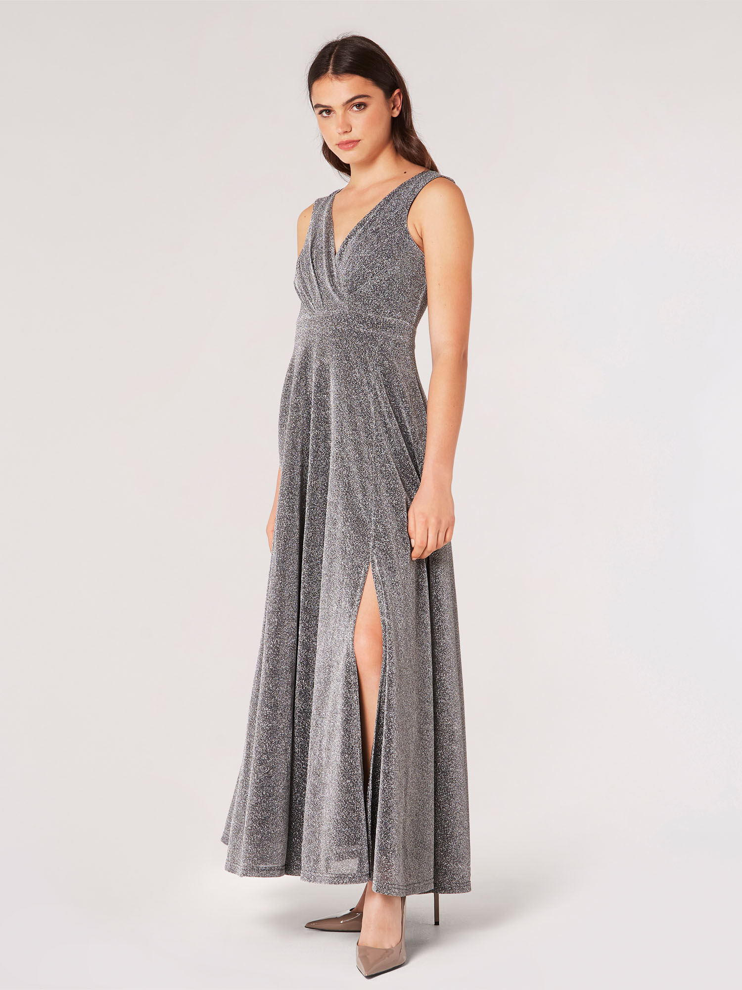 Sparkle Lurex Maxi Dress Apricot Clothing