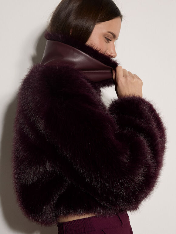 Luxe Faux Fur Short Jacket, Burgundy, large