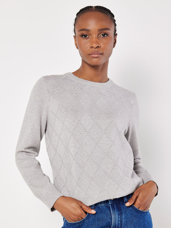 Diamond Pointelle Jumper, Grey, large